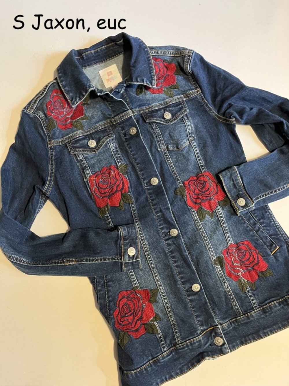 Small Lularoe Jaxon long jean jacket, blue with embroidered red roses
